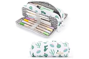 ANGOOBABY Large Pencil Case Big Capacity 3 Compartments Canvas Pencil Pouch for Teen Boys Girls School Students (Green Cactus)