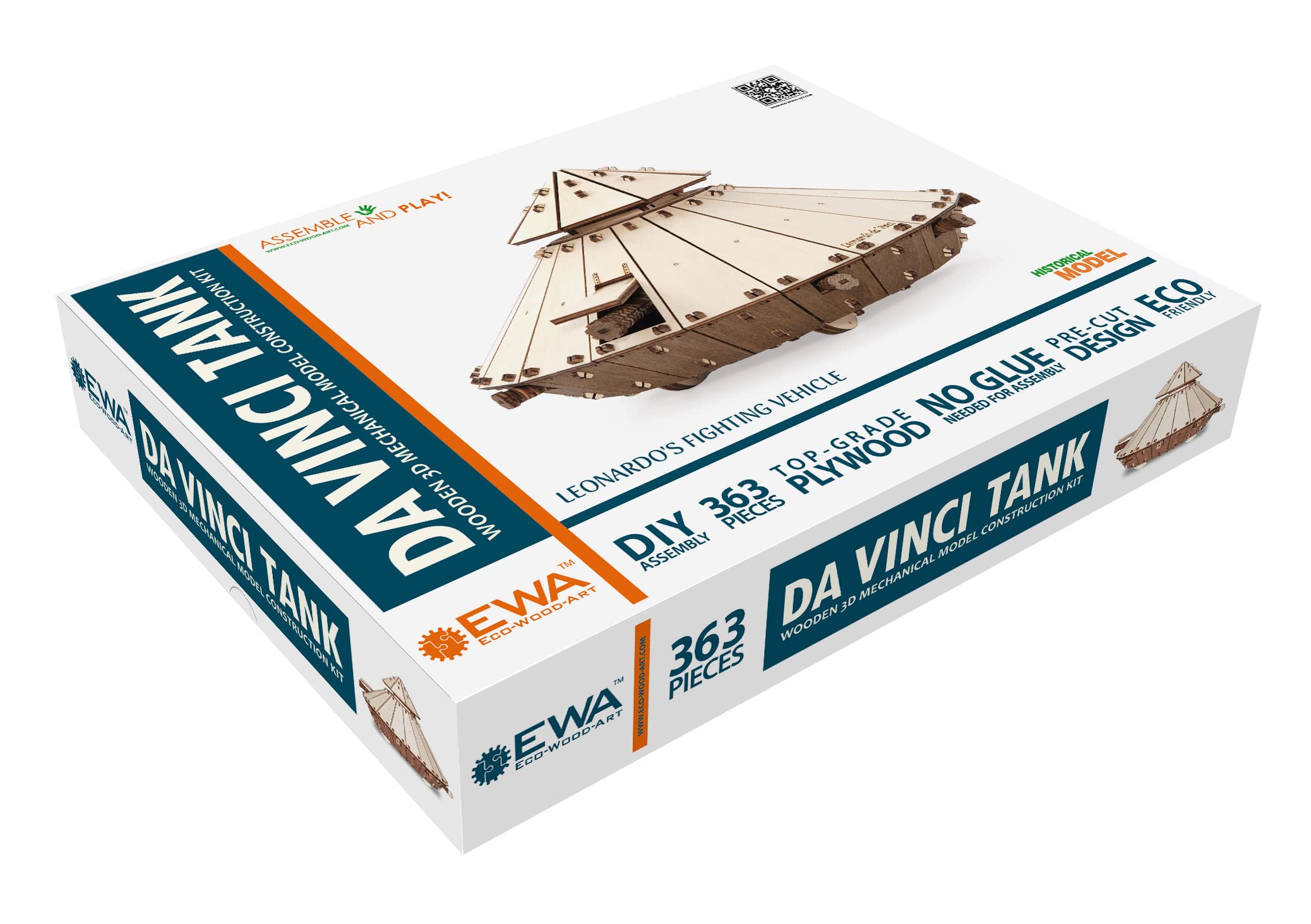 EWA Eco-Wood-Art - DA VINCI TANK - Three-dimensional mechanical wooden puzzle - Puzzle for adults and children - Assembly without glue - 363 pieces.