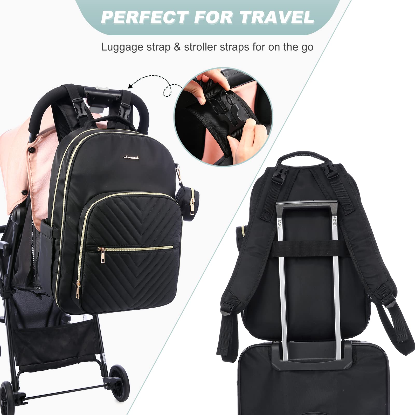 LOVEVOOK Diaper Bag Backpack, Quilted Baby Bag with Changing Pad & Pacifier Holder, Waterproof Travel Diaper Bags for Baby Boys Girls, Stylish and Large Capacity, Black