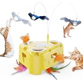 PANRIO Automatic Cheese-Shaped Interactive Cat Toy &ndash; Flying Bird, 6-Hole Mole &amp; Rotating Feather | USB Rechargeable Electronic Feather Toy for Indoor Adult Cats &amp; Kittens, Relieves Boredom