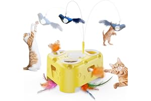 PANRIO 3-in-1 Automatic Cheese-Shaped Interactive Cat Toy – Flying Bird, 6-Hole Mole & Rotating Feather | USB Rechargeable Electronic Feather Toy for Indoor Adult Cats & Kittens, Relieves Boredom