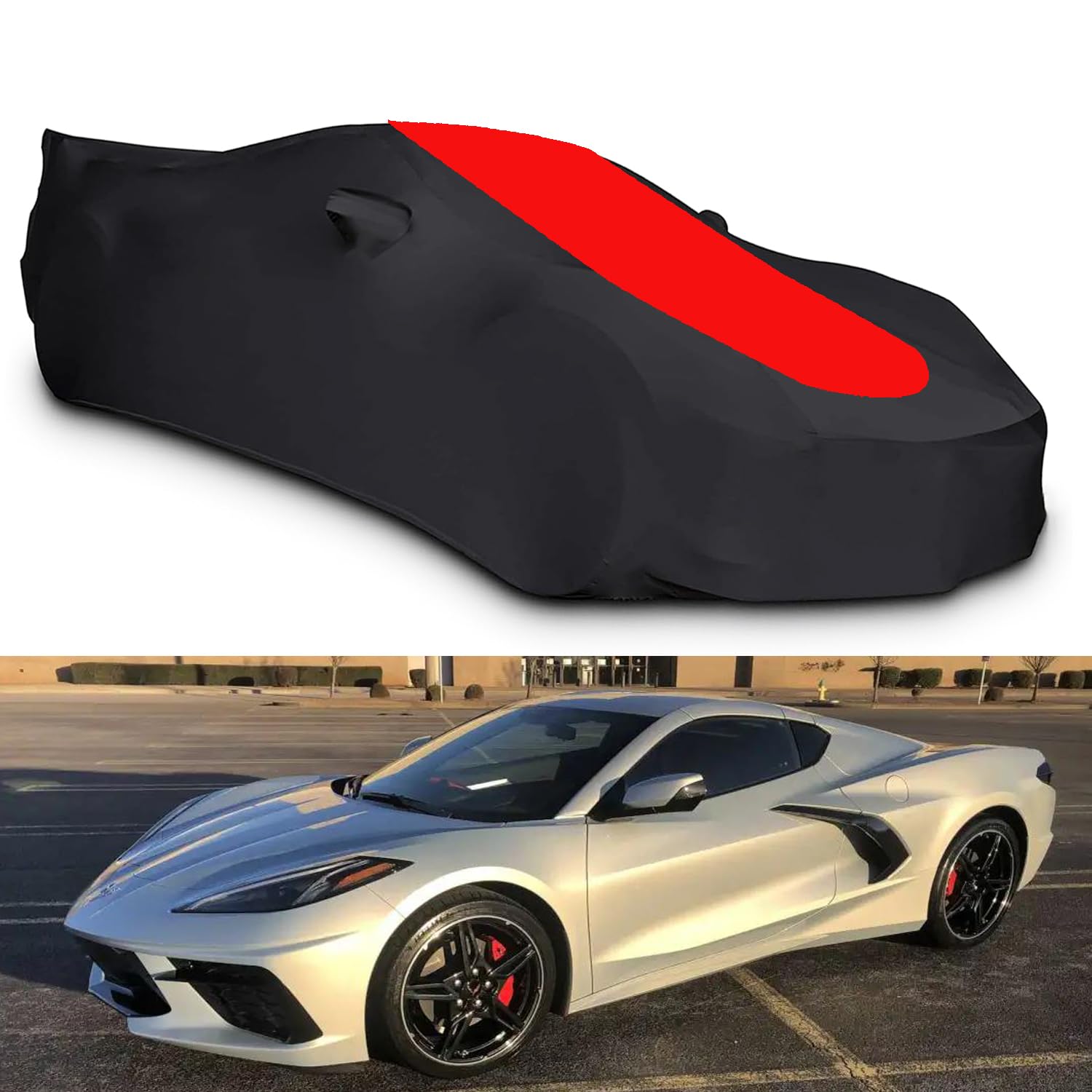 Photo 1 of OFUIYUI Indoor Car Cover Custom Fit for Corvette C8 2020-2025 Stingray, Z06, Z51 E-Ray Corvettes, Stretch Satin Anti-Wrinkle No Faded UV Resistant Dust-Proof Protection with Storage Bag?Black & Red?