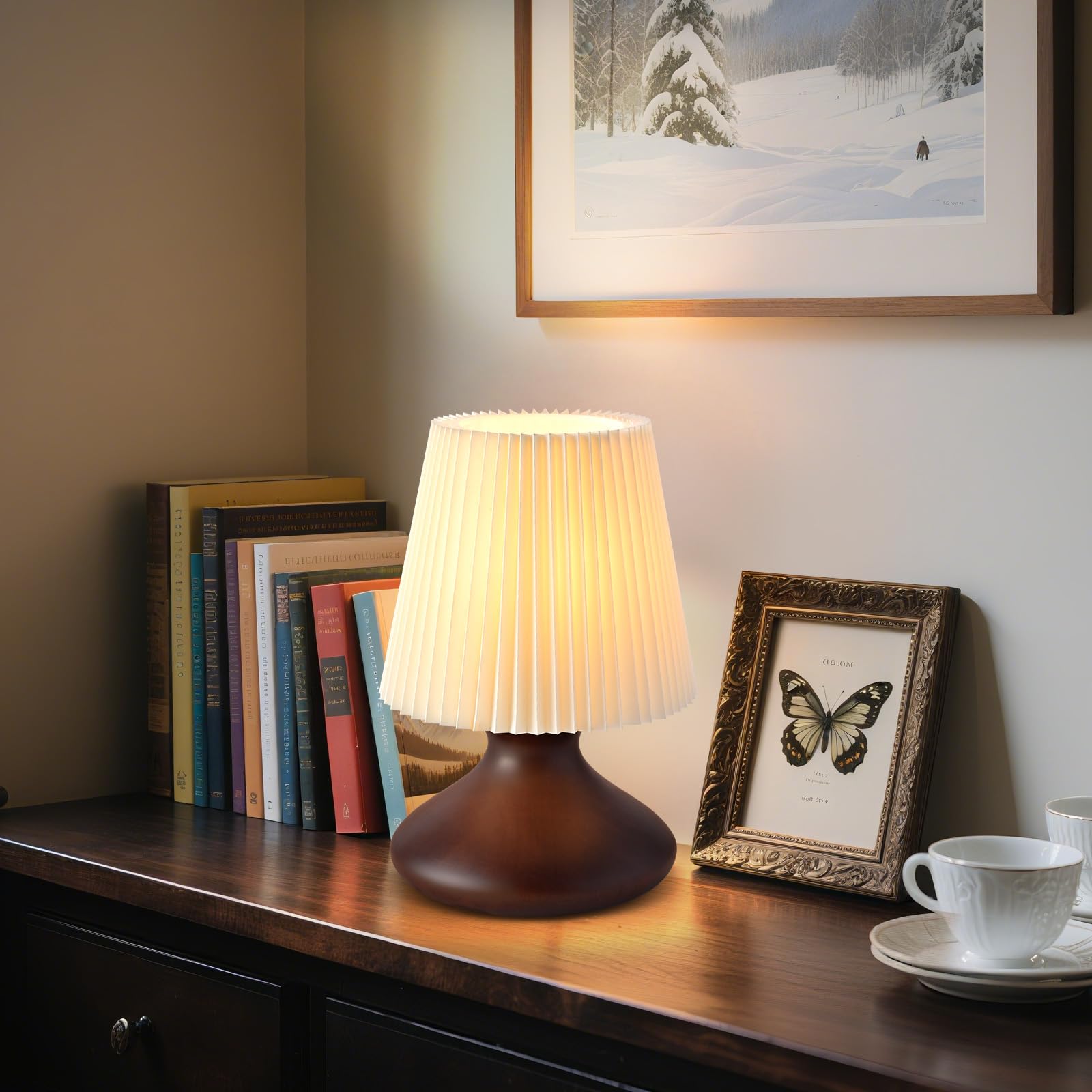Photo 1 of Small Table Lamp with Wooden Base, Pleated Shade Mini Bedside Wood Cute Table Lamp, Viantage Farmhouse Table Lamp, Mini Nightstand Light for Kitchen Counter, Bookshelf Lamp, Living Room, Dorm, Office