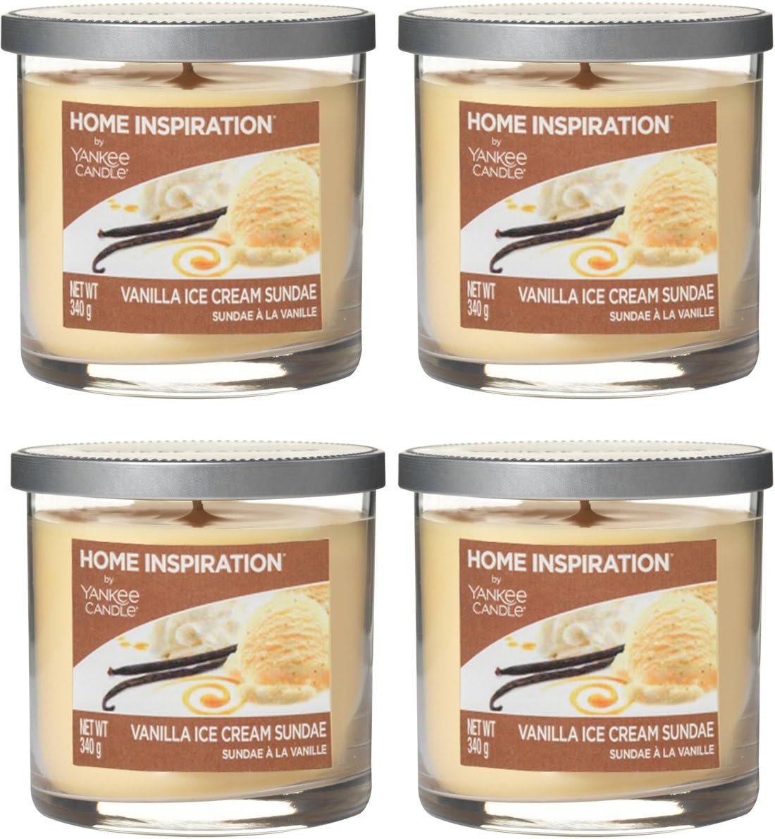 (Pack of 4) Home Inspiration by Yankee Candle Vanilla Ice cream Sundae home fragrance aromatherapy luxury scented perfumed Candle Glass Jar with Lid - Approx. burn time 40 hours - 2 wicks