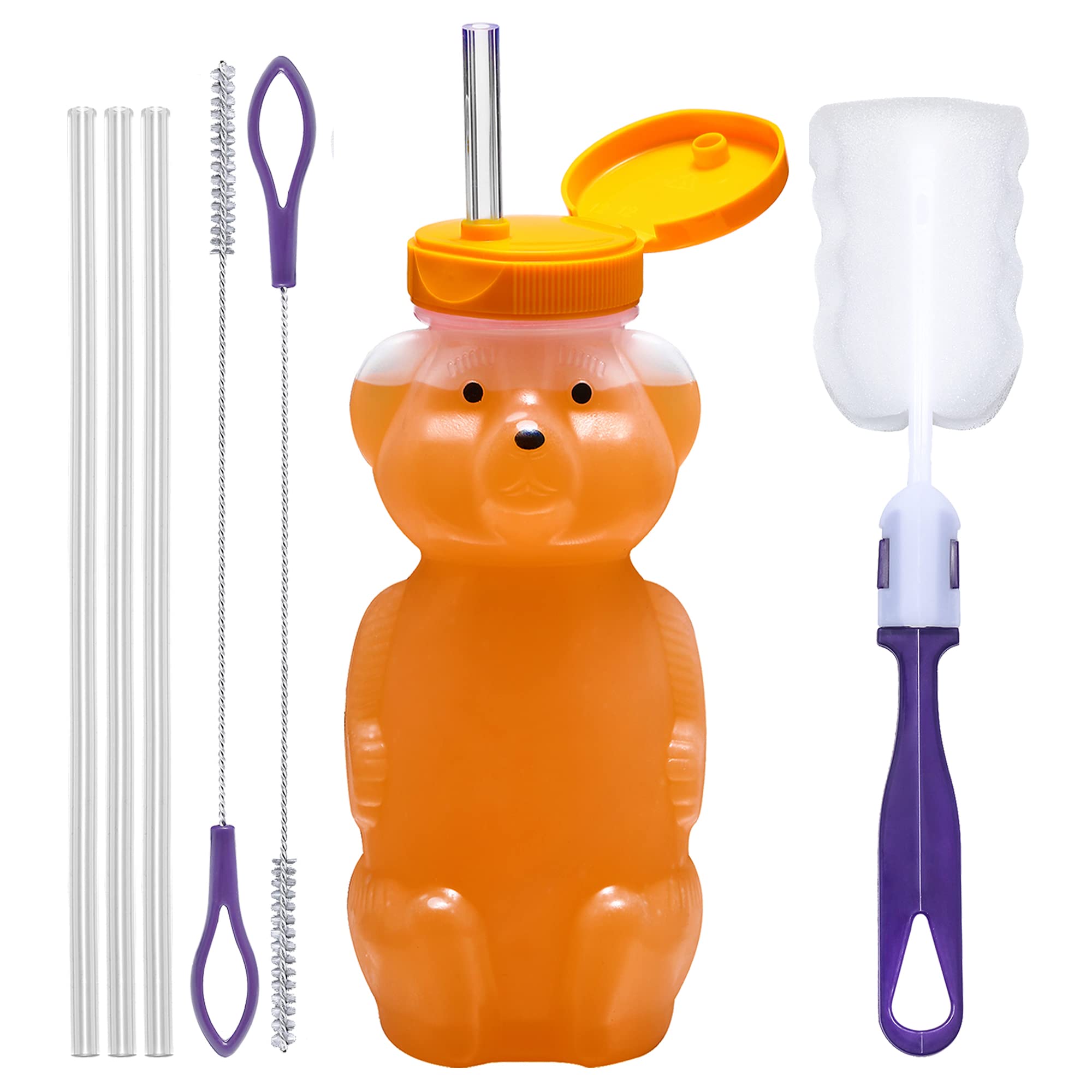 Special Supplies Honey Bear Straw Cup Long Straws, Squeezable Therapy and Special Needs Assistive Drink Container, Spill Proof and Leak Resistant Lid (Pack of 1 Bottle and 3 Straws)