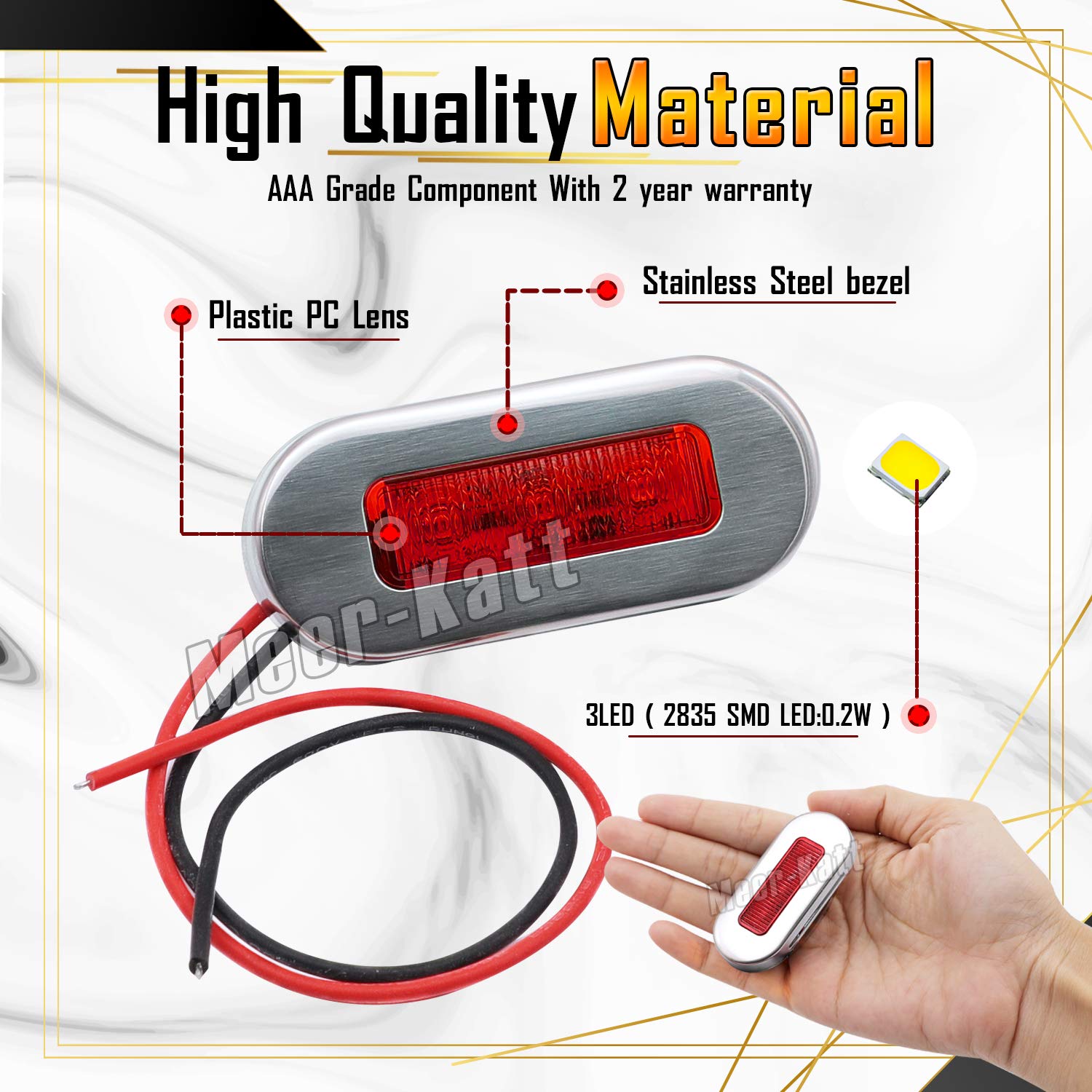 Meerkatt (Pack of 10) 3 Inch Oblong Amber LED Marine Courtesy Light Sealed Flush Mount Clearance Lamp for Yacht Stair Deck Garden Boat RV Cabin Truck Waterproof 12V DC with Chrome Stainless Bezel UV12