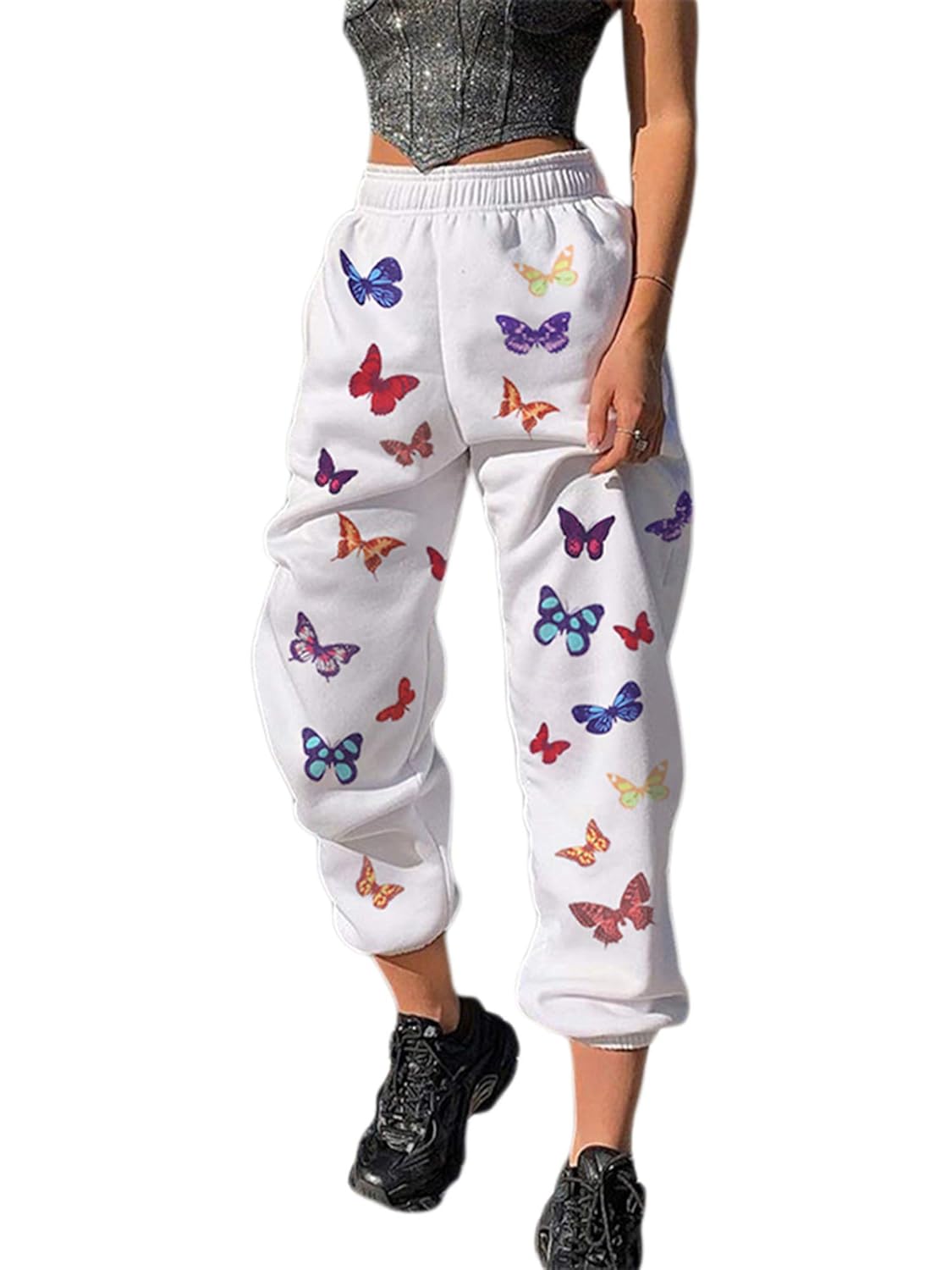 Buy Women Butterfly Print Loose Trousers Stretch High Waist Streetwear Jogger with Pocket Pencil 
