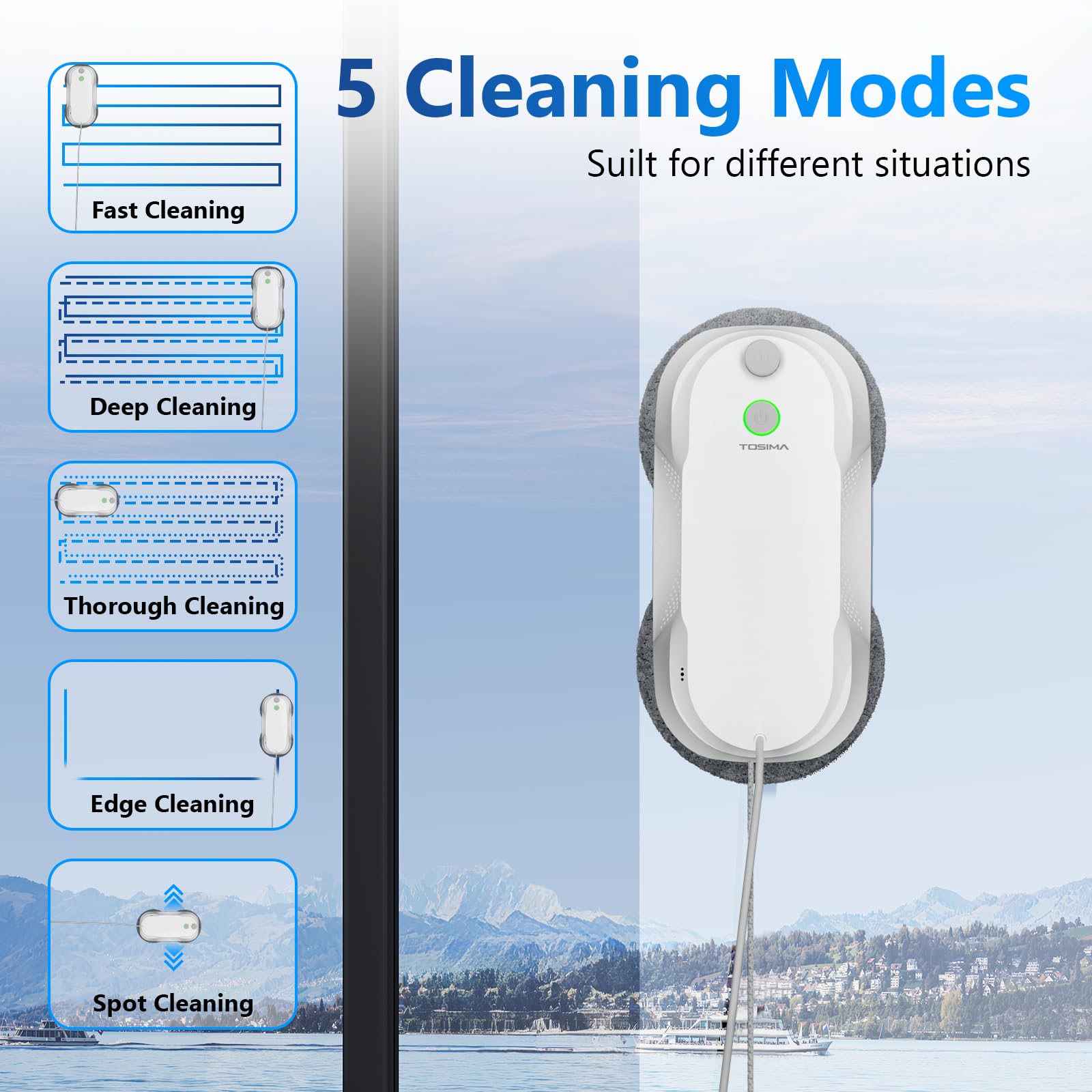 Tosima W5 Robot Limpiacristales, Limpiacristales Inteligente con Pulverización Automática de Doble Dirección con Triple Sistema de Seguridad, Navegación Inteligente, Control Remoto, para Todas Las Superficies Lisas, con 8 Trapos, Blanco