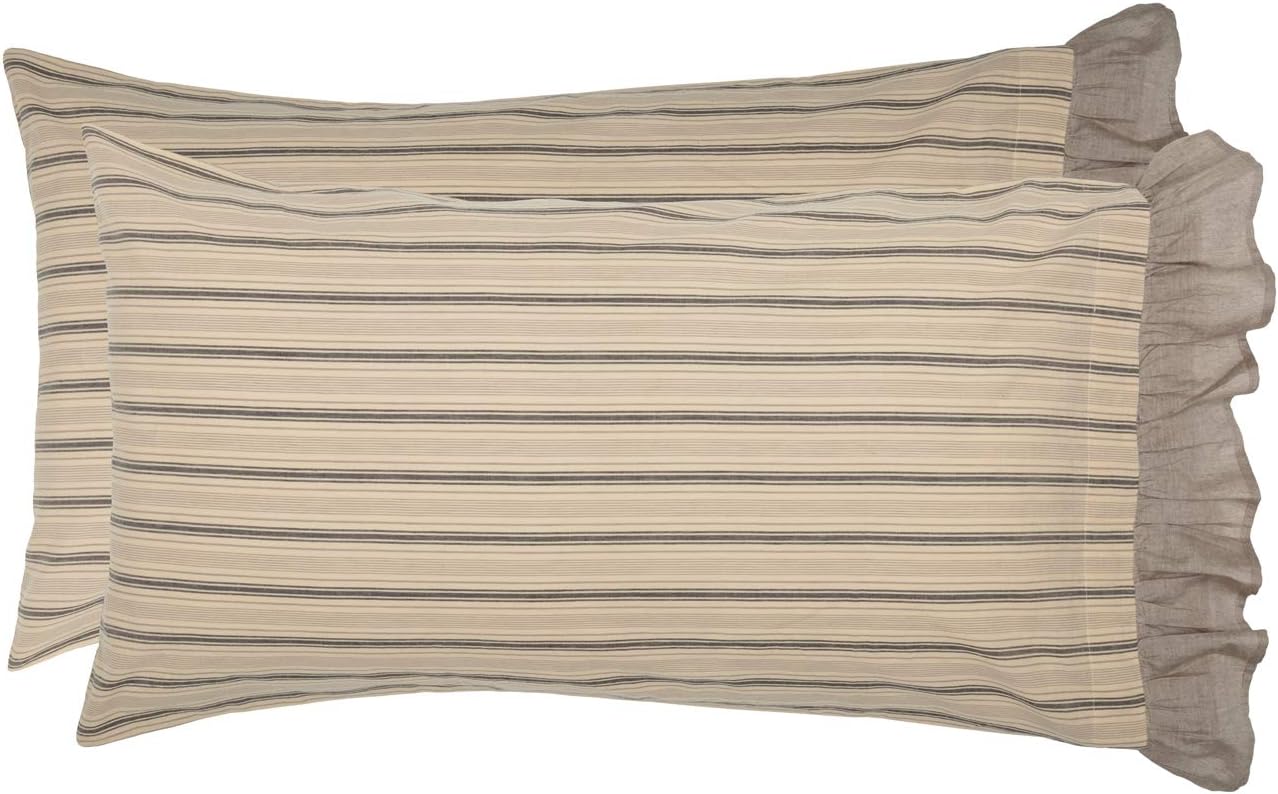 VHC Brands Farmhouse Bedding Miller Farm Charcoal Cotton Striped King Pillow Case Set of 2, Dark Creme White