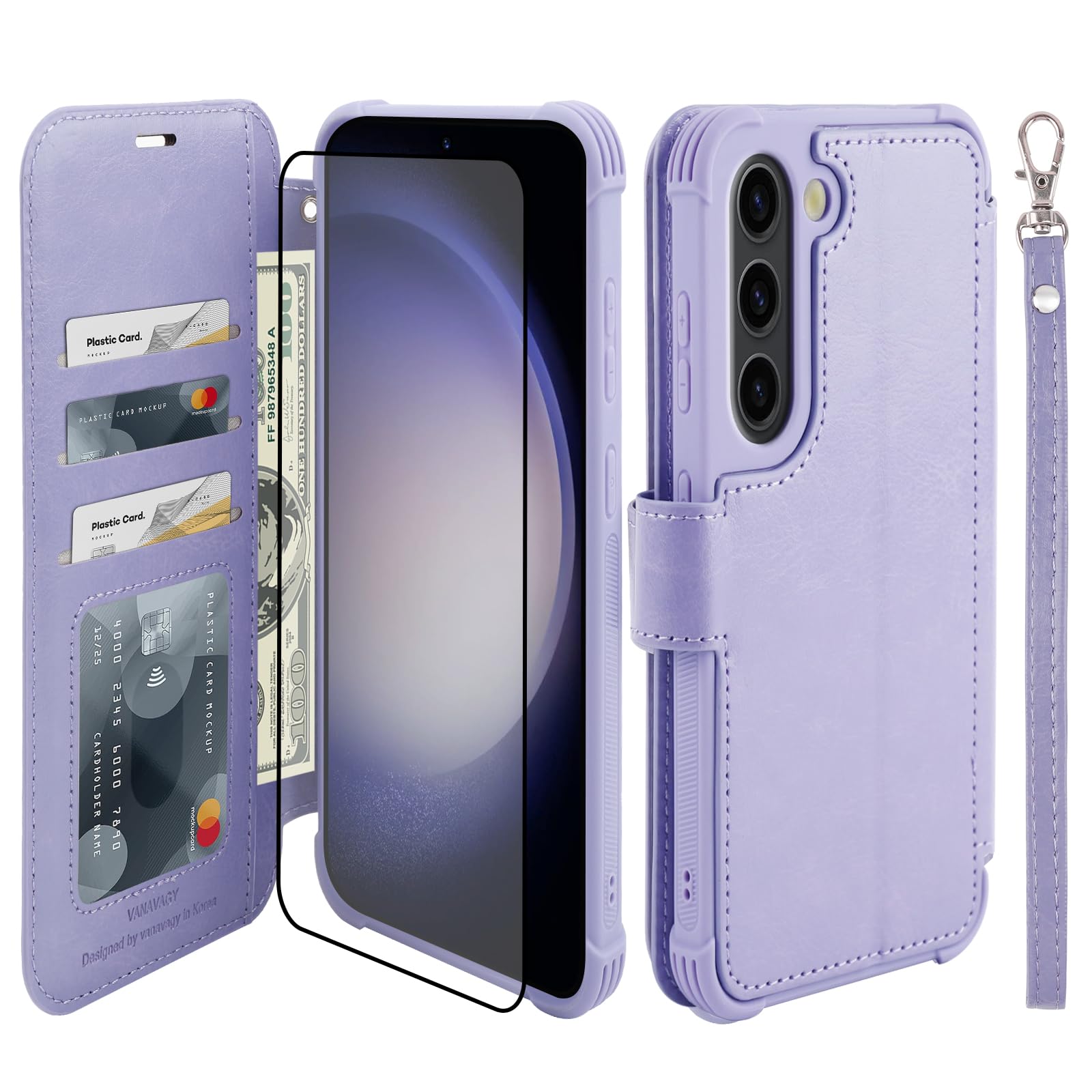VANAVAGY Compatible for Galaxy S23+ Plus Wallet Case, 12ft Drop Protection, RFID Blocking PU Leather Flip Cover, Card Holder & Kickstand, Shockproof Phone Case for S23+ Plus-6.6 Inch,Clove Purple