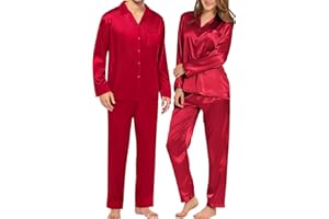 SWOMOG Couples Pajamas Womens &Mens Matching Pajamas Set Silk Satin Pj Set Long Sleeve Button Down Sleepwear 2 Pcs Loungewear