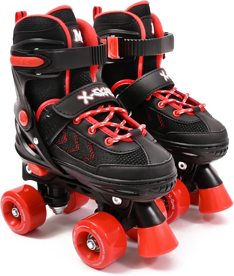 M.Y X-Skate Adjustable Red Quad Roller Skates for Kids Medium