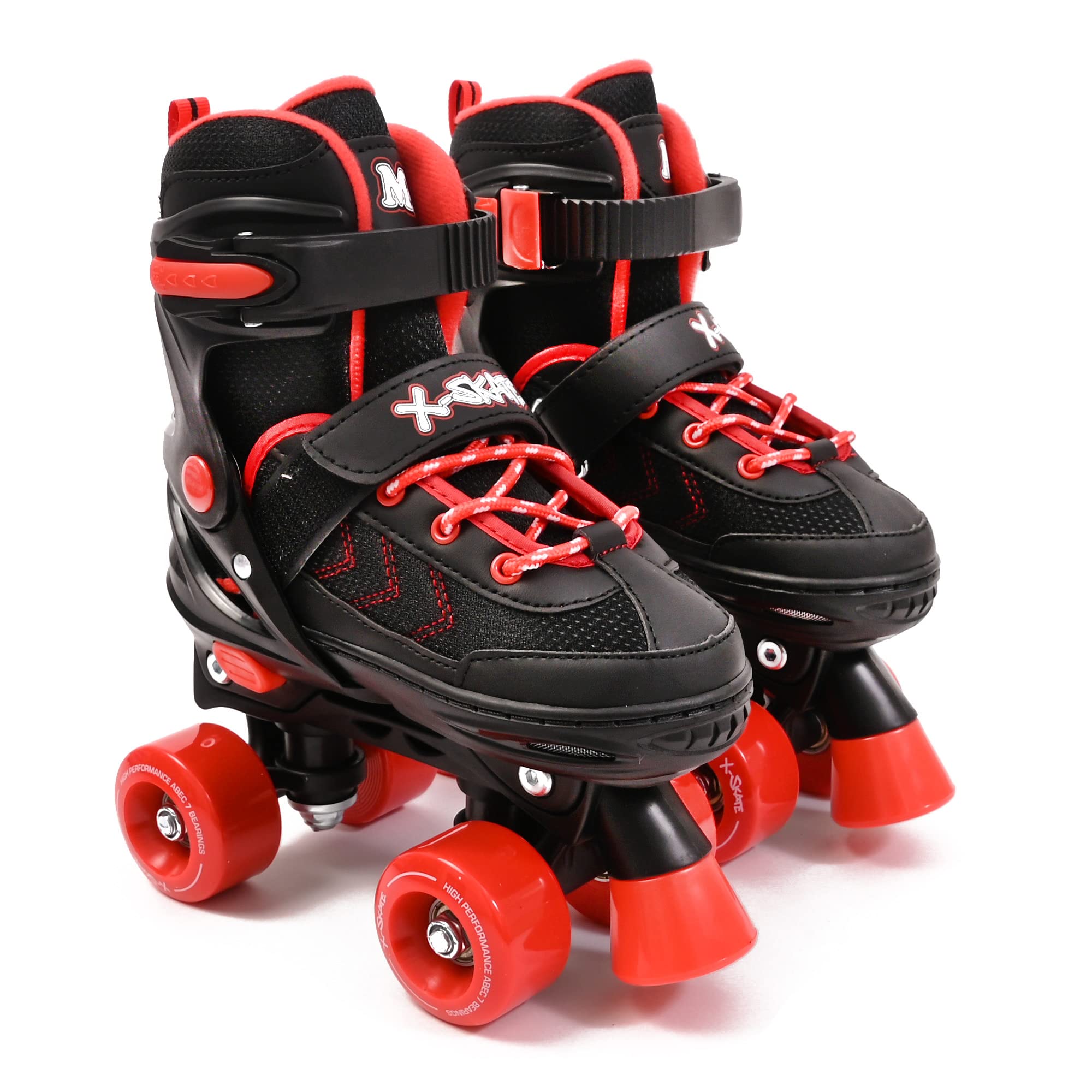 M.Y X-Skate Adjustable Red Quad Roller Skates with Built In Adjusters Kids Roller Boots for Boys & Girls - Small