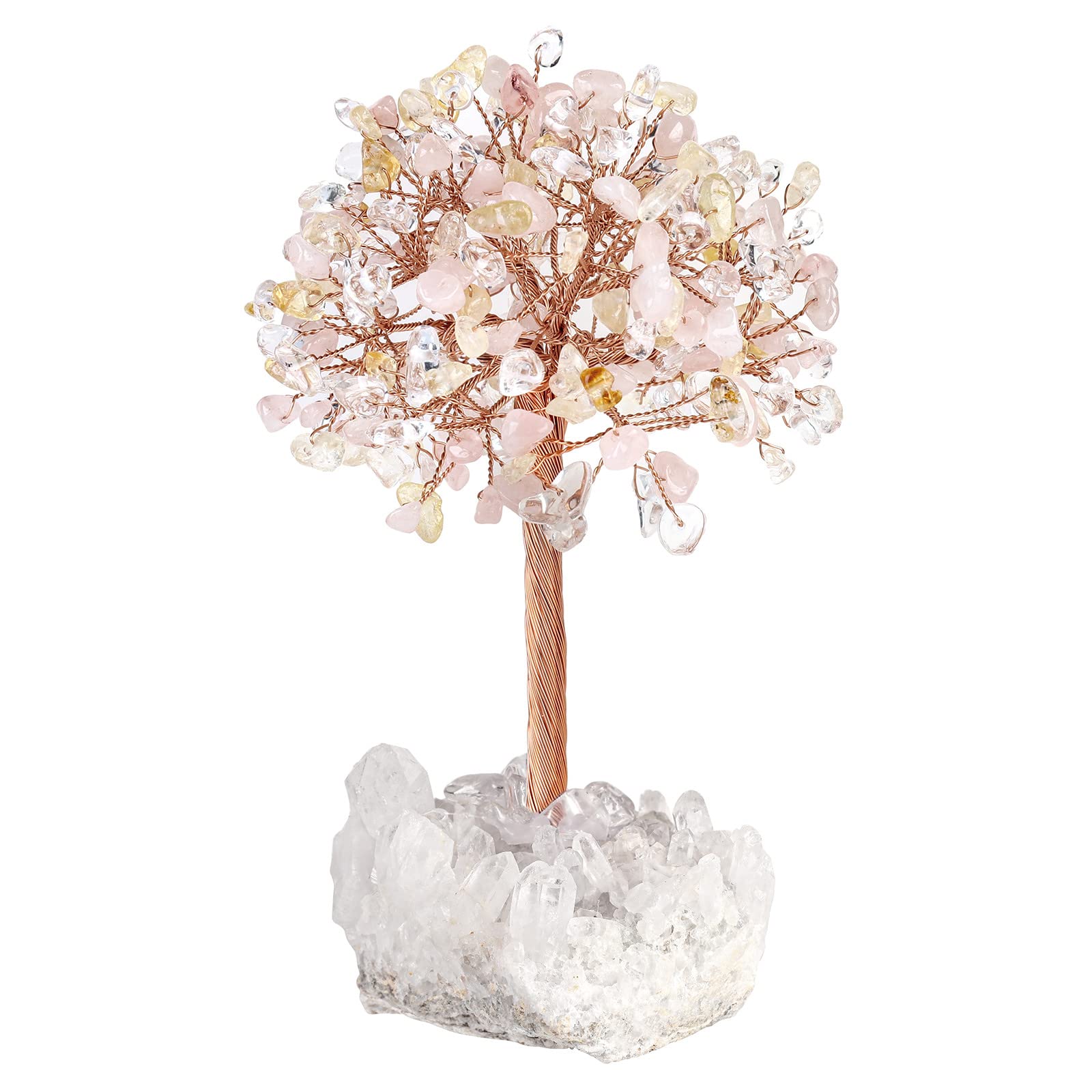 Mookaitedecor Natural Rose Quartz Citrine Crystal Tree of Life Ornament for Home, Reiki Healing Crystal Money Tree Stone Bonsai Tree with Clear Quartz Base Feng Shui Ornament Gift