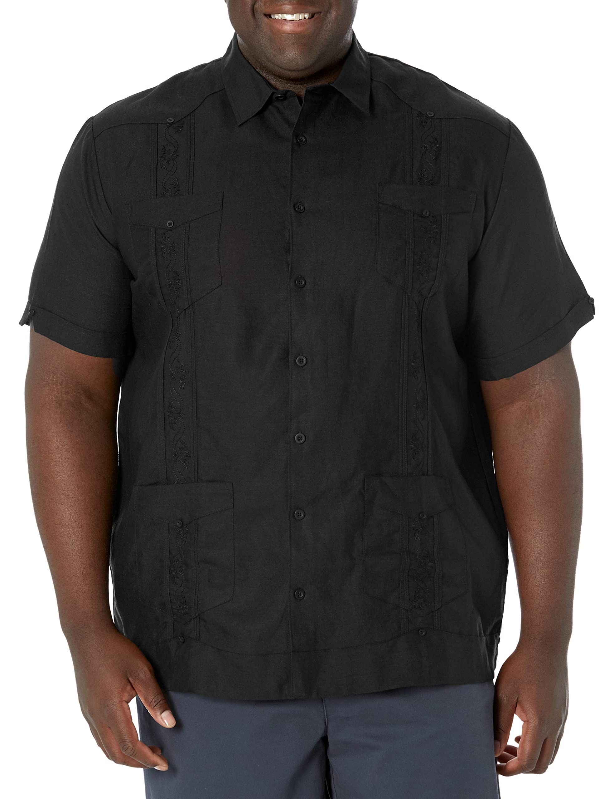 Cubavera Men's Four-Pocket Mini Pintuck Embroidered Authentic Guayabera Shirt, Short Sleeve Button Down, Jet Black, Medium Image
