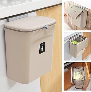 2.4 Gallon Kitchen Compost Bin for Counter Top or Under Sink, Hanging Small Trash Can with Lid for Cupboard/Bathroom/Bedroom/Office/Camping, Mountable Indoor Compost Bucket, Coffee