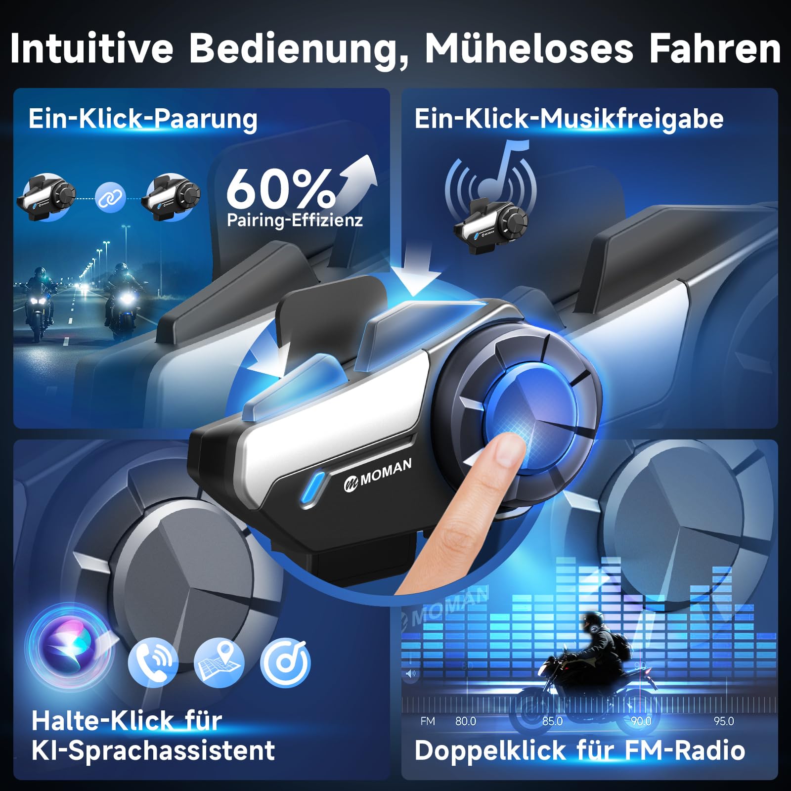Moman Motorrad Intercom Headset, H2S 1000M Motorradhelm Kommunikationssystem ENC& DSP&CVC Geräuschreduzierung Multitasking-Audio Hi-Fi Stereo Musik Teilen FM AI Sprache IPX6 Wasserdicht (2 Pack) 7