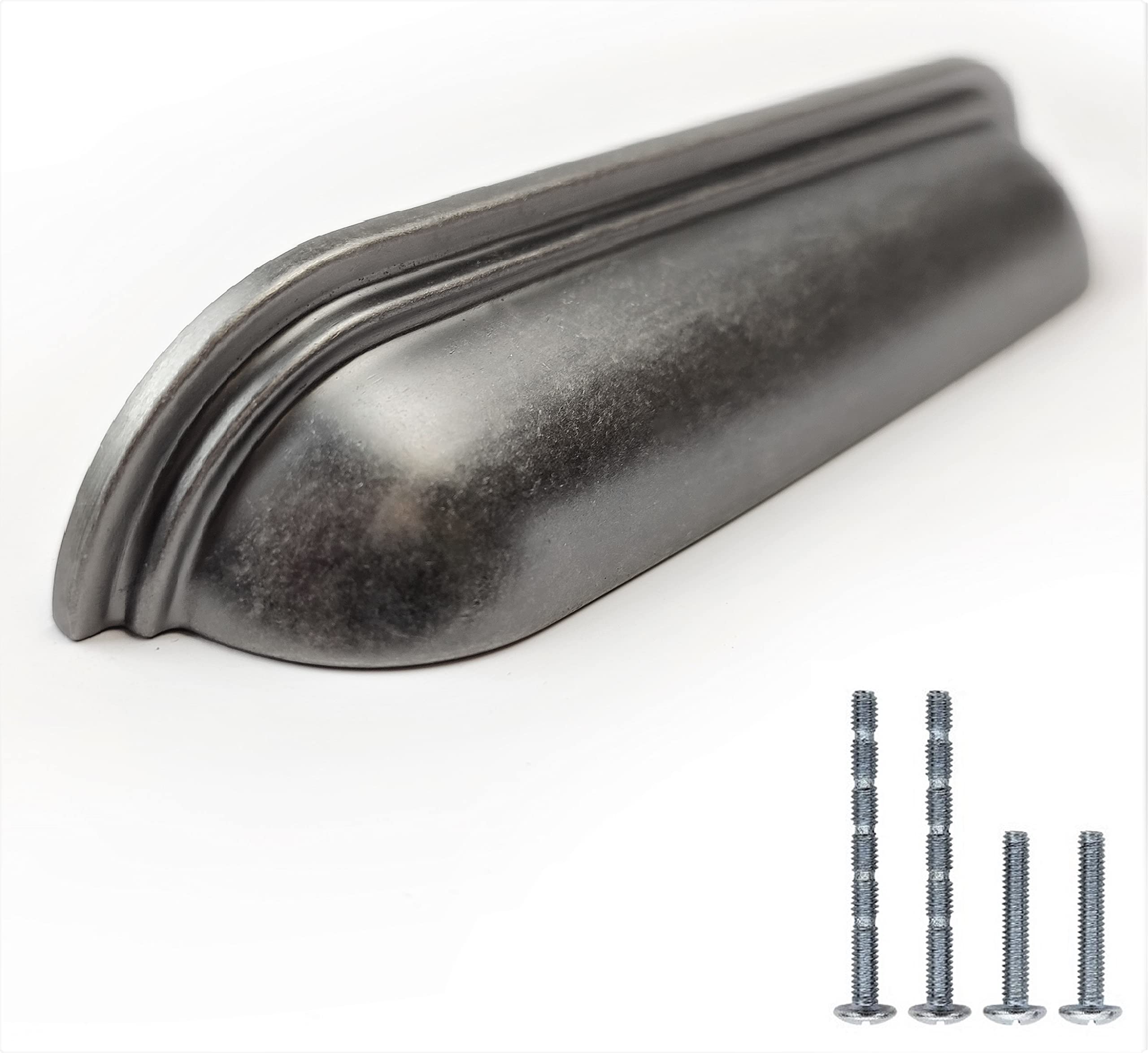 Set of 6 Cup Handles for Kitchen Cabinets, Cupboard Doors & Chests of Drawers - Antique Pewter Finish, Grey Handles by fff (128mm Between Fixings)