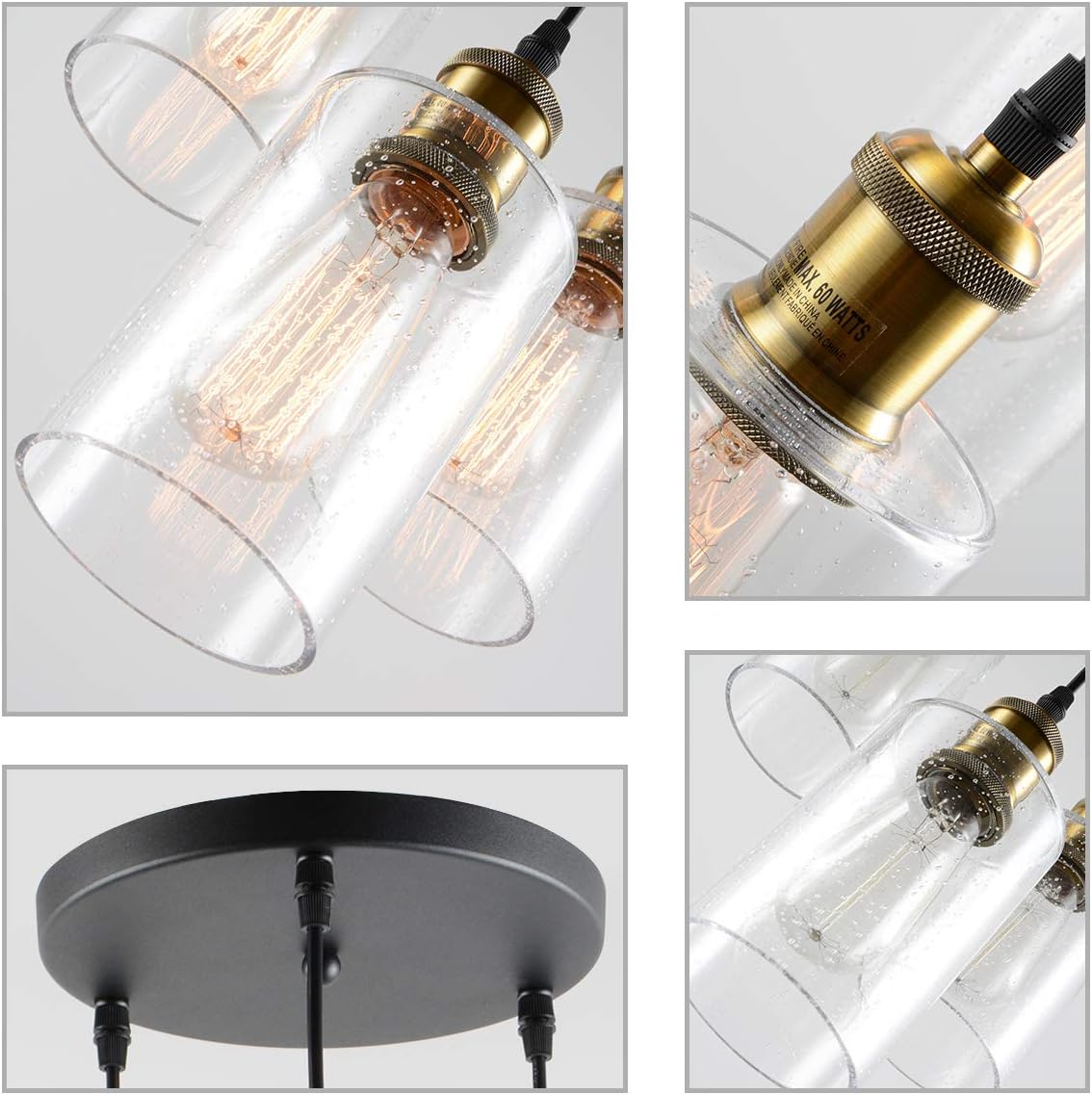 VILUXY Vintage 3 Light Glass Pendant Light Classic Cluster Chandelier Hanging Lighting Fixture with Seeded Glass Shades for Kitchen Island, Dinning Room, Bar, Cafe，Farmhouse - - 