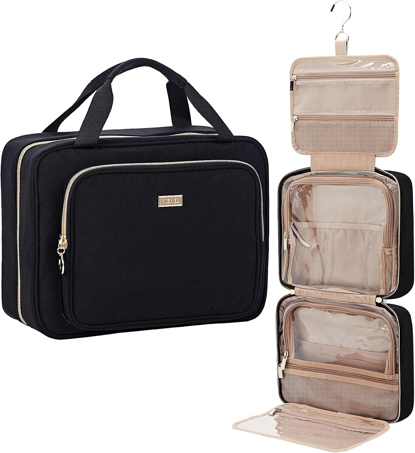 NISHEL 4 Sections Hanging Travel Toiletry Bag Organizer, Water Resistant Large Makeup Cosmetic Case for Bathroom Shower, Black: Clothing