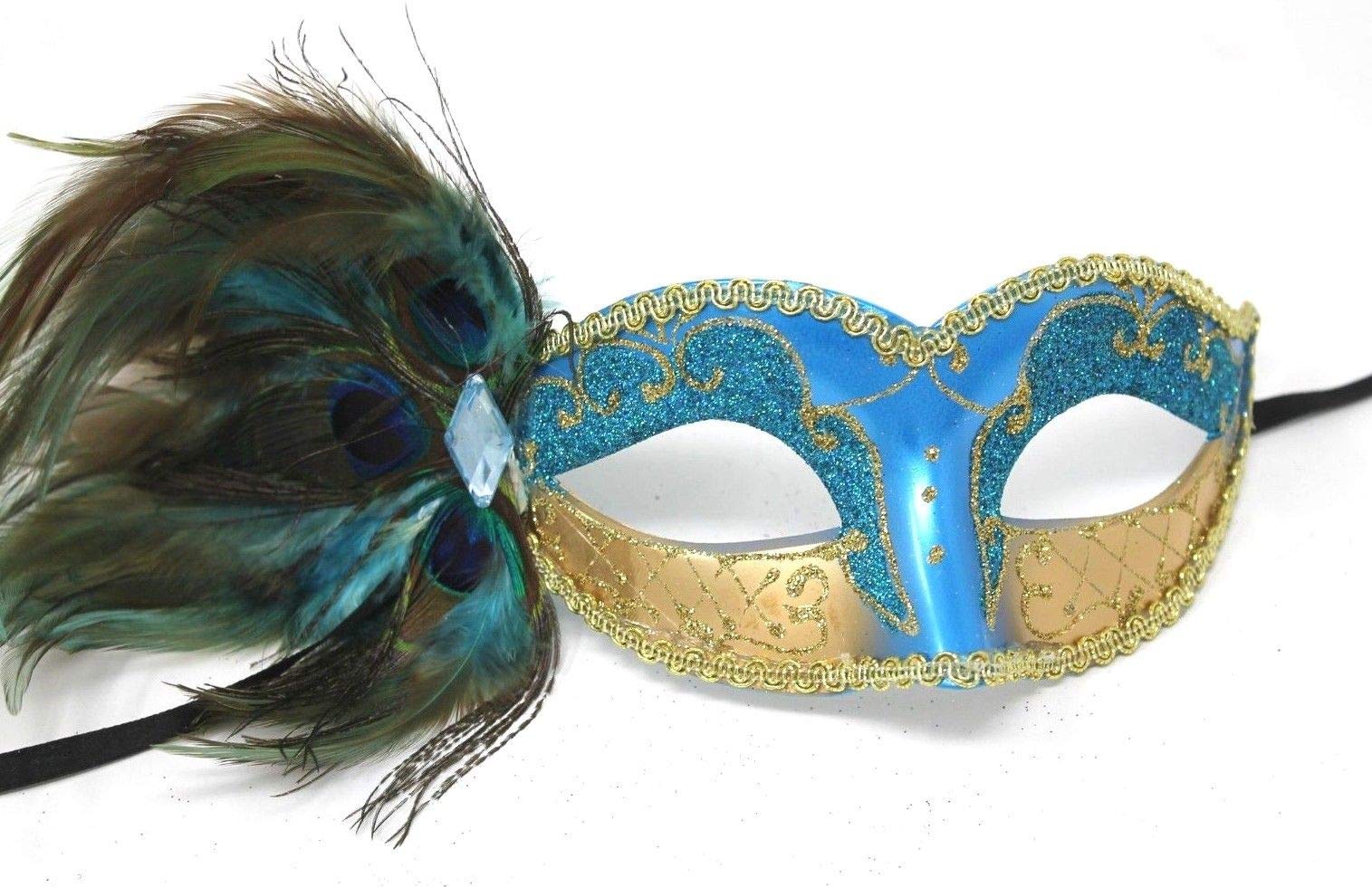 Mask & Co LADIES SPARKLING TURQUOISE & GOLD VENETIAN MASQUERADE CARNIVAL PARTY EYE WITH PEACOCK FEATHERS