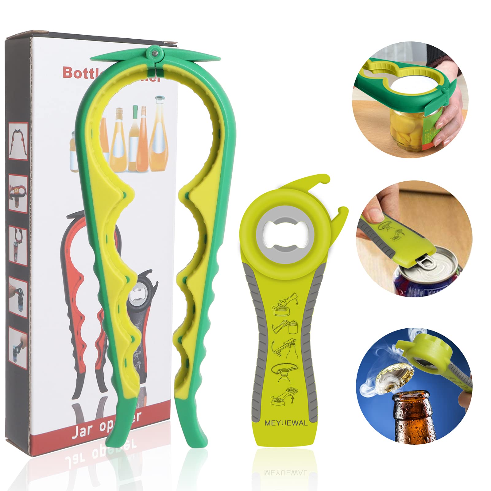 Jar Opener Bottle Opener for Weak Hands, 5-in-1 Multi-Functional Can Opener Bottle Opener Kit with Silicone Handle, Easy to Use for Children, Elderly and Arthritis Sufferers (New Green)