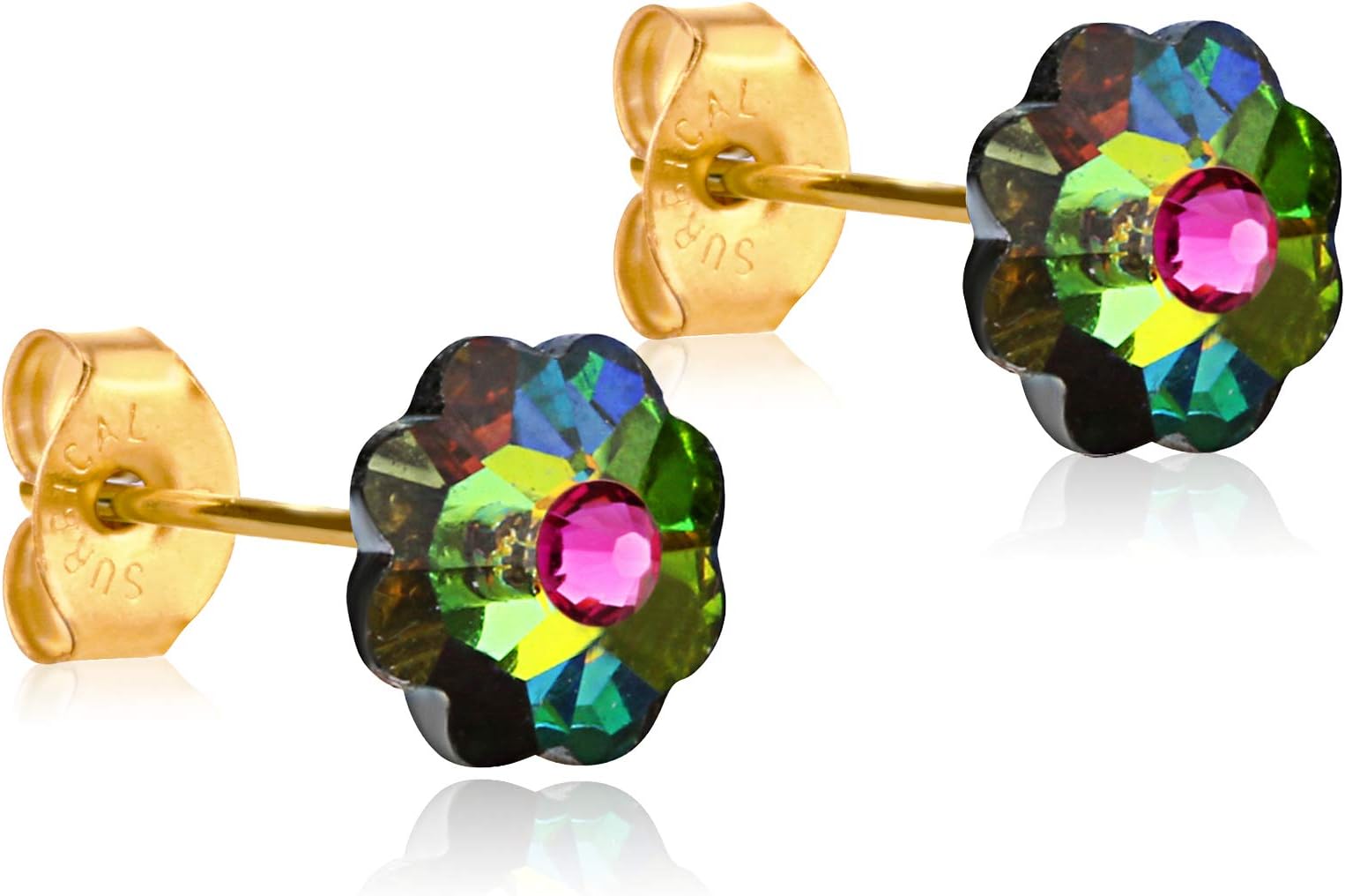 14k Gold Coated Stud Earrings for Women & Girls| 8mm Swarovski Flower Crystals| Made With Hypoallergenic, Surgical Steel| Small, Colorful & Cute Quality Ear Studs| Jewelry Gifts