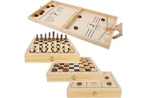 Juegoal 4-in-1 Wooden Fast Sling Puck Set for Kids and Adults, Chess, Checkers, Tic Tac Toe Games, Travel Portable Folding Tabletop Chess Board Game Sets, Interactive Families Toys