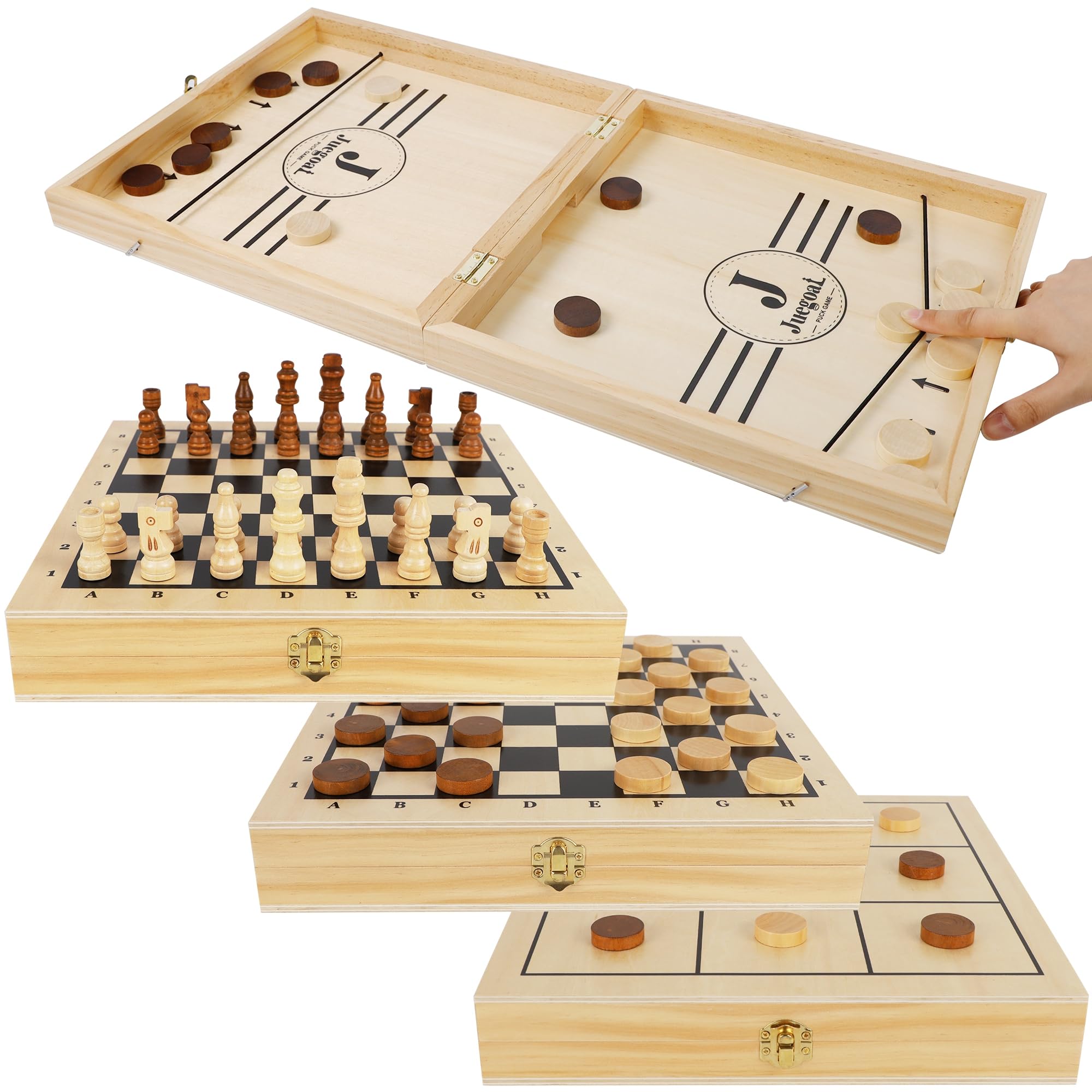 Photo 1 of Juegoal 4-in-1 Wooden Fast Sling Puck Set for Kids and Adults, Chess, Checkers, Tic Tac Toe Games, Travel Portable Folding Tabletop Chess Board Game Sets, Interactive Families Toys