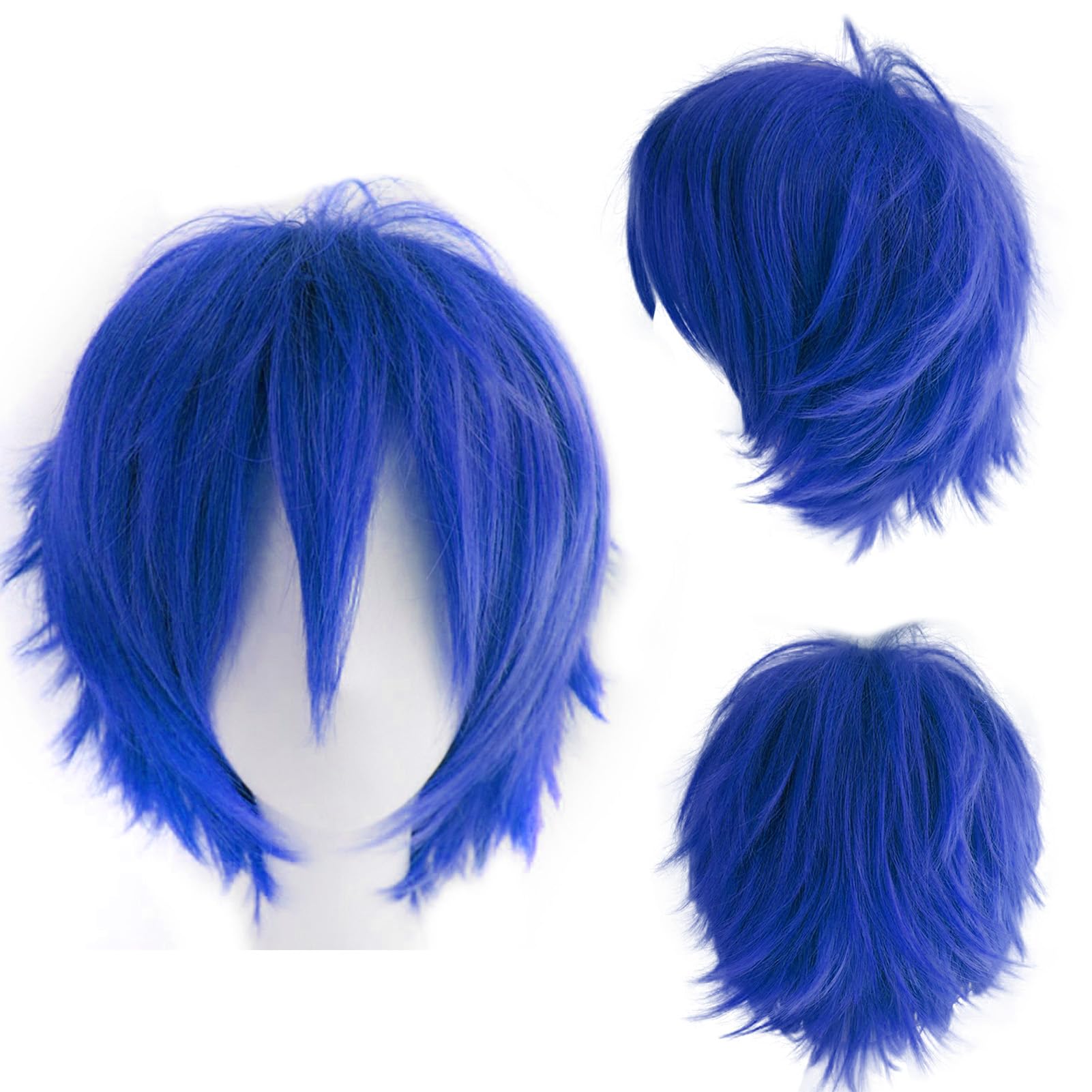 Dcbaboo Blue Wig Short Curly Wig Men/Women Wigs Anime Cosplay Wig 12" Natural Fluffy Layered Straight Hair Unisex Halloween Wig Fancy Dress Synthetic Full Wig with Wig Cap, Dark Blue
