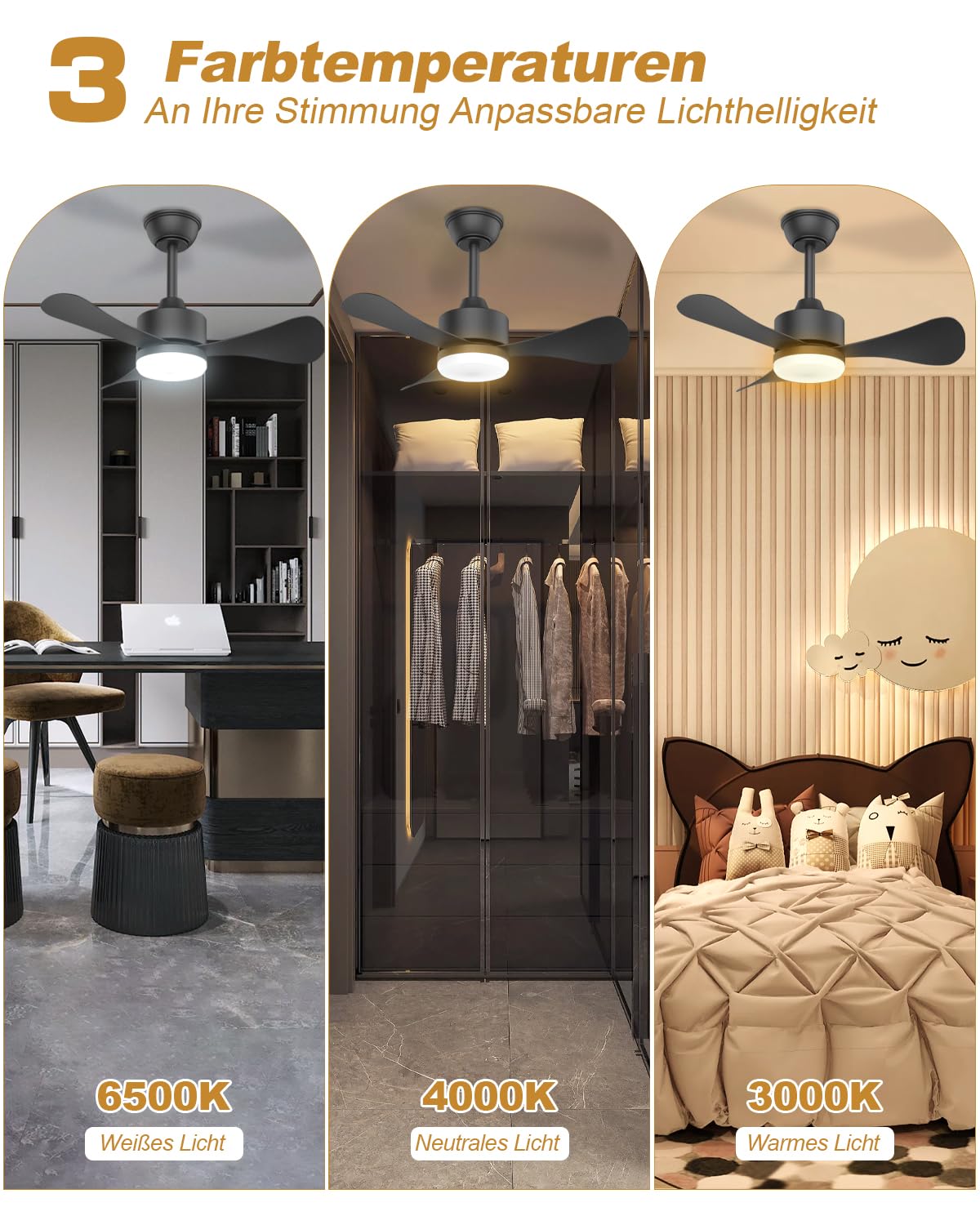 Airwit 71cm Deckenventilator mit Beleuchtung und Fernbedienung, Ø71cm Leise Deckenventilator mit Licht, Klein Lampe mit Ventilator für Schlafzimmer, Wohnzimmer, Kinderzimmer, Umkehrbaren DC Motor