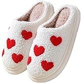 Obosoyo Plush Slippers Couples Cozy Heart Indoor Slippers Men Women Thick Sole Fuzzy Warm Winter