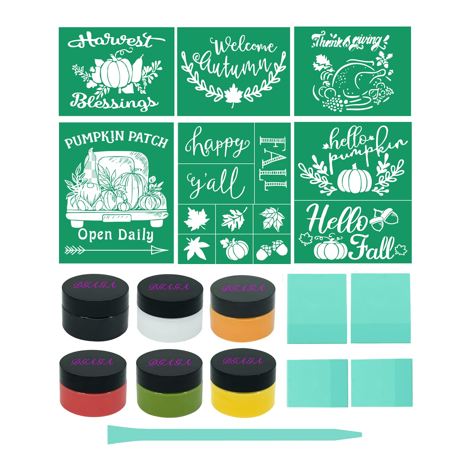 DGAGA Chalk Mesh Transfers Reusable Silk Screen Stencils Starter kit 17 PCS, Self Adhesive Transfers Farmhouse Fall Stencil with Chalk Paste Paint Screen Printing Tools Mini Squeegee