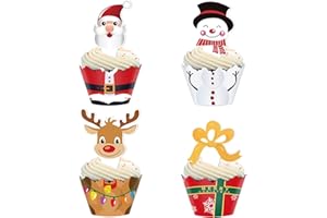 OMGOUUE Christmas Cupcake Toppers and Wrappers Party Supplies/Favors - Snowman/Santa Claus/Reindeer/Gift Box 48 set