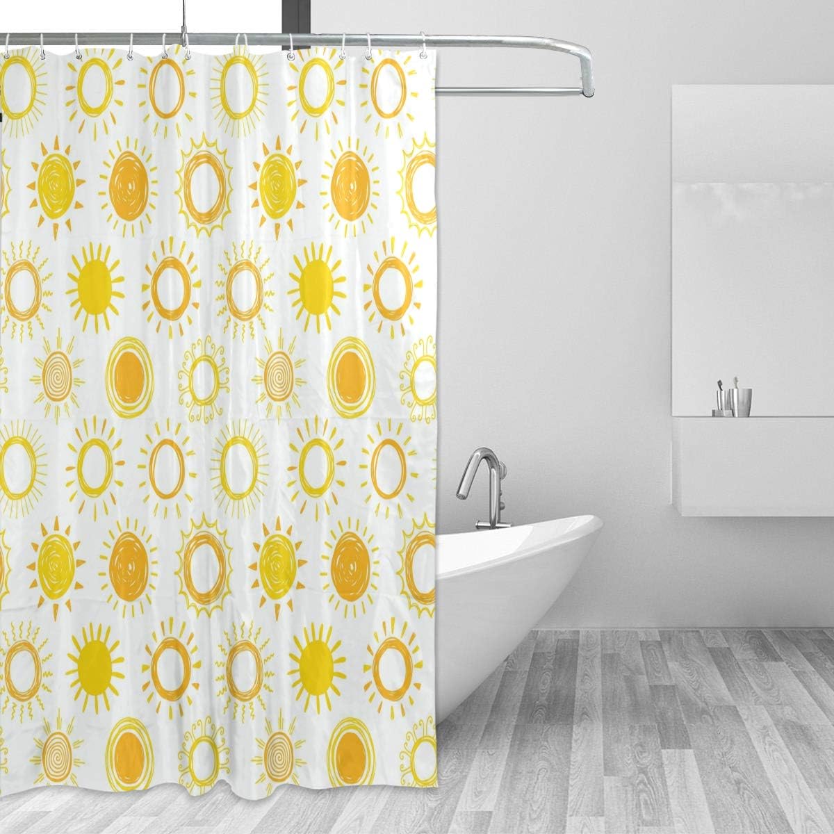 TaTaisu Doodle Suns Yellow Shower Curtain Set with Hooks Fabric Cloth for Bathroom