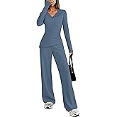ZESICA Womens 2026 Spring Summer Asymmetrical Lounge Sets Long Sleeve V Neck Top Wide Leg Pants 2 Piece Matching Set Outfit