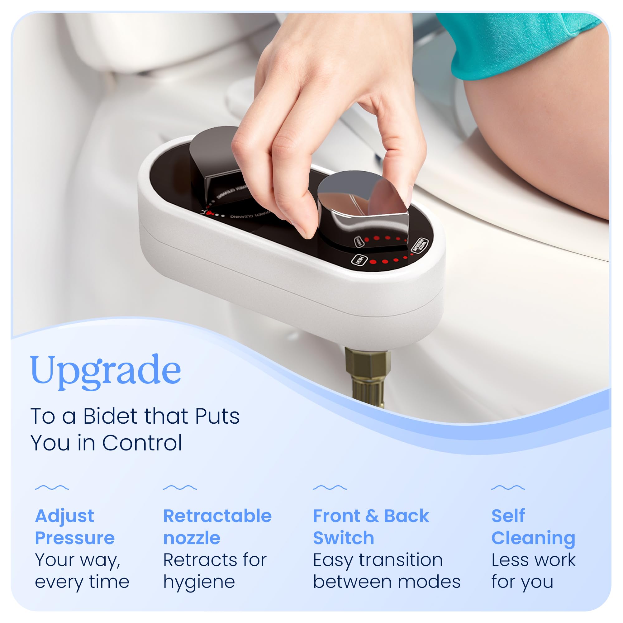 CLEAR REAR Bidet Attachment for Toilet Seat - Non-Electric, Self-Cleaning Dual Nozzle, Adjustable Water Pressure, Rear & Feminine Wash Hygienic Bathroom Upgrades - Fits Elongated Toilets (White)