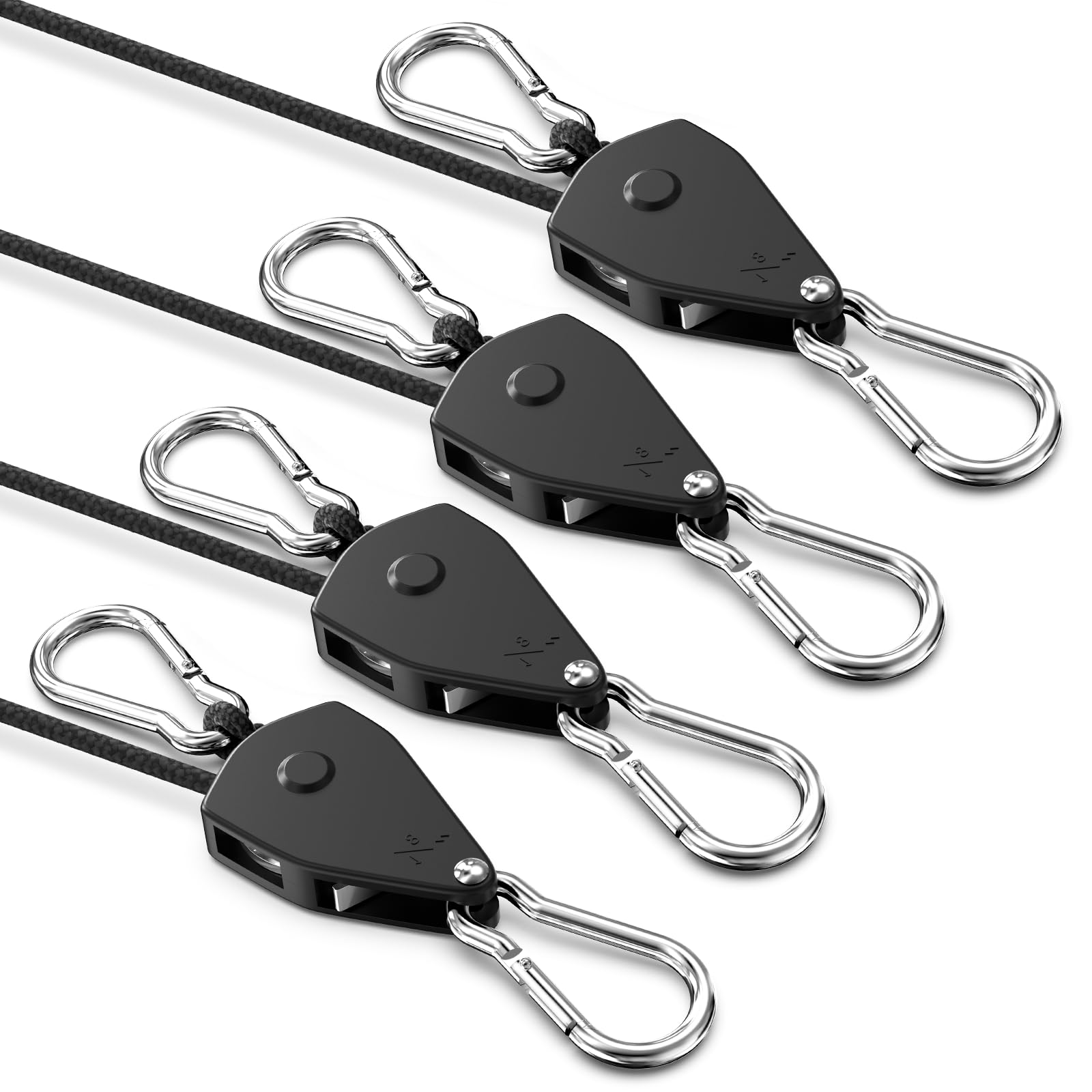 VIPARSPECTRA Retractable Ratchet Straps Heavy Duty, Adjustable Tie Down Strap 2.5m, 4 Pack 1/8" Rope Ratchet with Metal Gears and Carabiner Hooks for Hanging Plants Grow Light and Multiple Outdoor Use