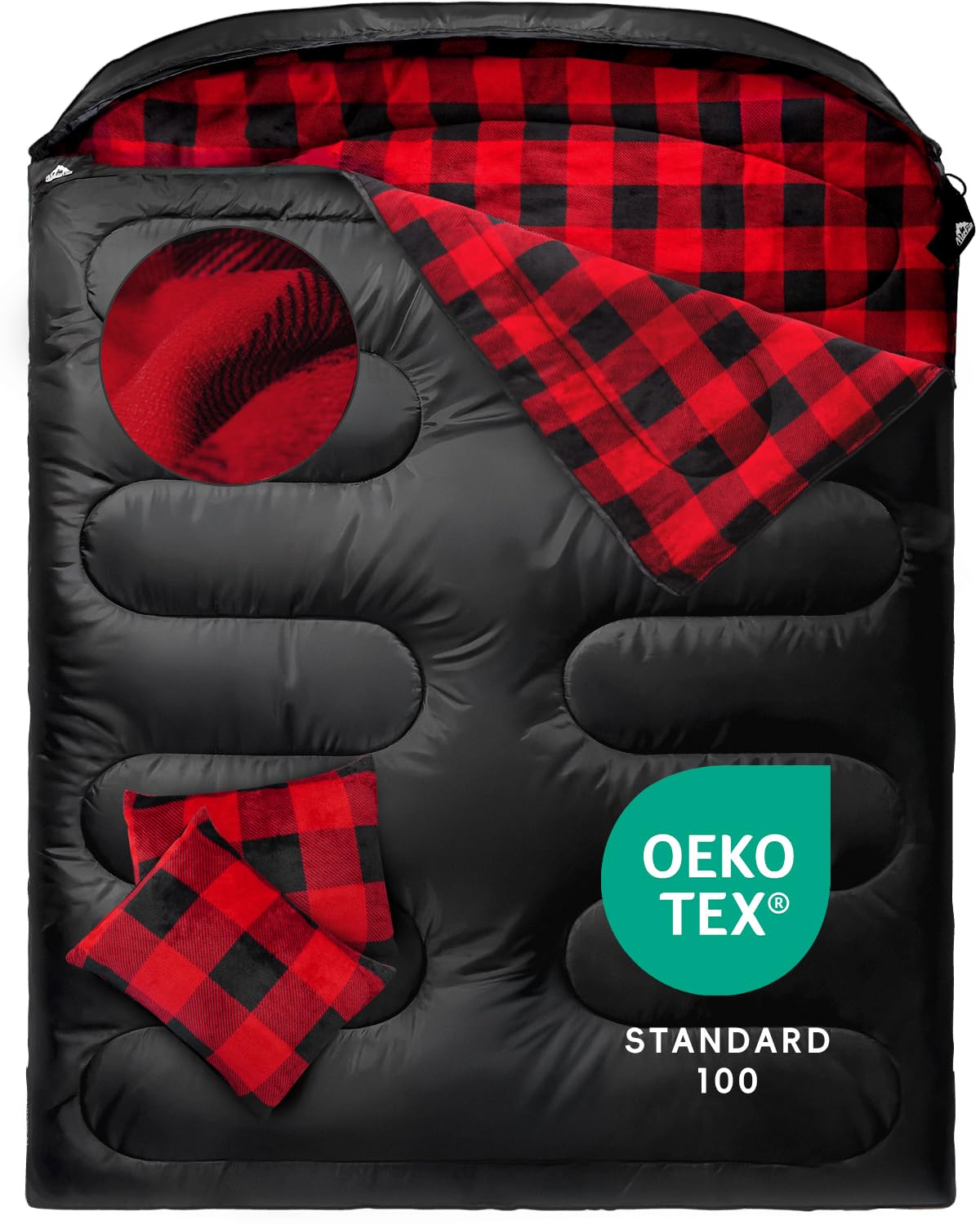 Photo 1 of MEREZA Flannel Double Sleeping Bag for Adults Cold Weather, XL Queen Size Sleeping Bag for All Season 2 Person Big and Tall Sleeping Bags for Camping 0 Degree with Pillow