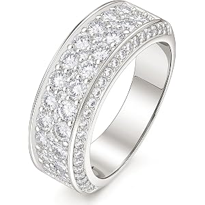 Wuziwen Moissanite Wedding Band for Man Round Multi-Row Wide Eternity Ring | D Color VVS1 Clarity Pave Vintage Silver Anniver