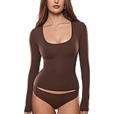 INLYRIC Women's Inbarely Soft Deep U Neck Double Lined Long Sleeve Tops Going Out Slim Fitted Trendy T-Shirts