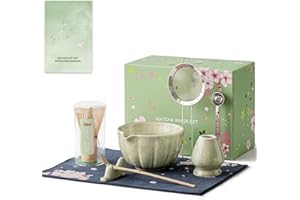 8 Pcs Matcha Whisk Set - HTRCXB Matcha Set with Ceramic Bowl, Bamboo Whisk & Holder, Scoop, Sifter, Measuring Spoon, Scoop Rest & Tea Towel, Complete Gift Kit for Beginners & Tea Lovers