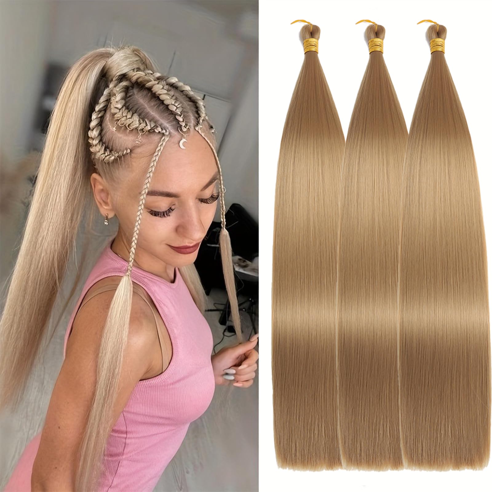 Locescsoc 24 Inch Bone Straight Braiding Hair 150g 3 Packs Straight Hair Extensions, Ariel Straight Hair Bundles, Silky Soft Synthetic Hair for Women (27#) — image 1
