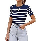 ZESICA Women's Short Sleeve Crewneck Striped T Shirt 2026 Summer Ribbed Knit Slim Fit Casual Basic Tee Tops