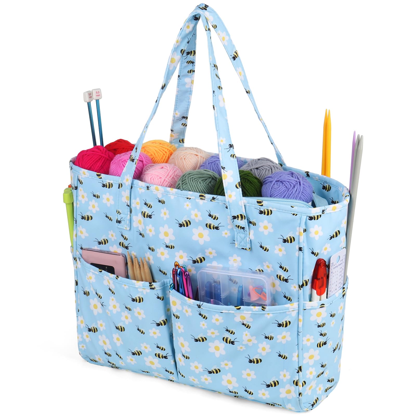 Aeelike Knitting Bag Blue Bee, Large Knitting Tote Bag, Portable Crochet and Knitting Project Travel Bag, Yarn Storage Bag, Knitting Wool Bag Holder, Craft Bags with Compartments for Women Gifts