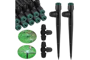 FOGWOWO Drip Irrigation Emitters Sprayers for 1/4" Tubing, Adjustable 360 Degree Water Flow Sprayer on 5.5" Arrow Stake,with 1/4" Locked Tee for Watering System(10Pcs Sprayers and 10Pcs Tee)
