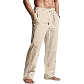 QOSOQ Men's Casual Linen Pants Elastic Waist Drawstring Summer Beach Lightweight Trouser with Pockets