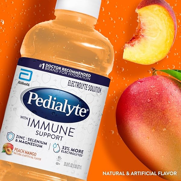 PEDIALYTE WITH IMMUNE SUPPORT ELECTROLYTE SOLUTION, HYDRATION DRINK WITH ZINC, SELENIUM, AND MAGNESIUM, PEACH MANGO, 1 LITER, PACK OF 4