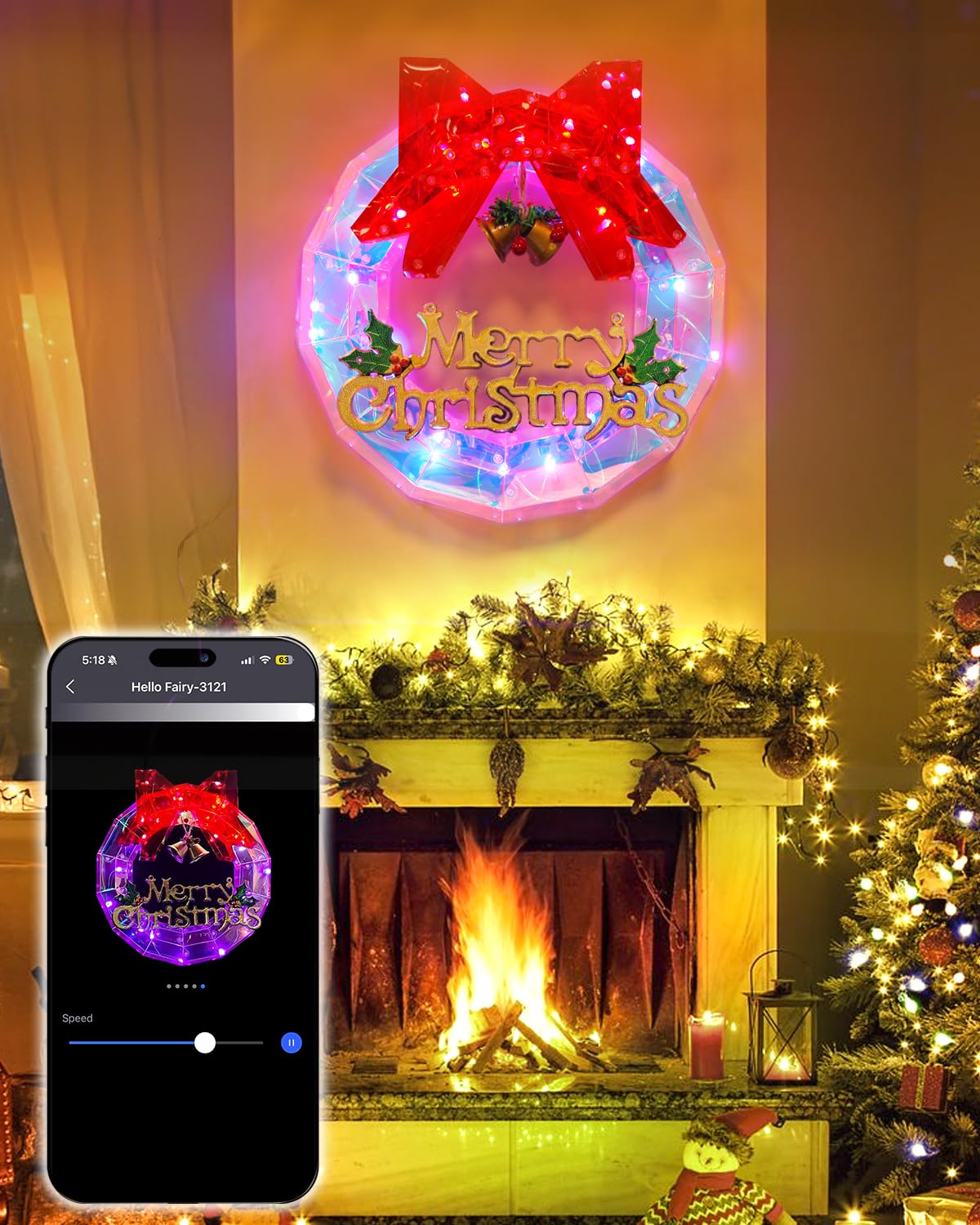 Photo 1 of 12'' Christmas Wreaths Lighted DIY Color Changing, Smart App Control Prismatic Iridescent LED Front Door Wreath Music Sync Group Control Christmas Wreath for Party Window Decorations, USB Power