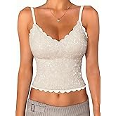 EVALESS Women Sequin Built-in Bra V Neck Tank Tops Summer Adjustable Spaghetti Straps Going Out Sleeveless Cami Shirts